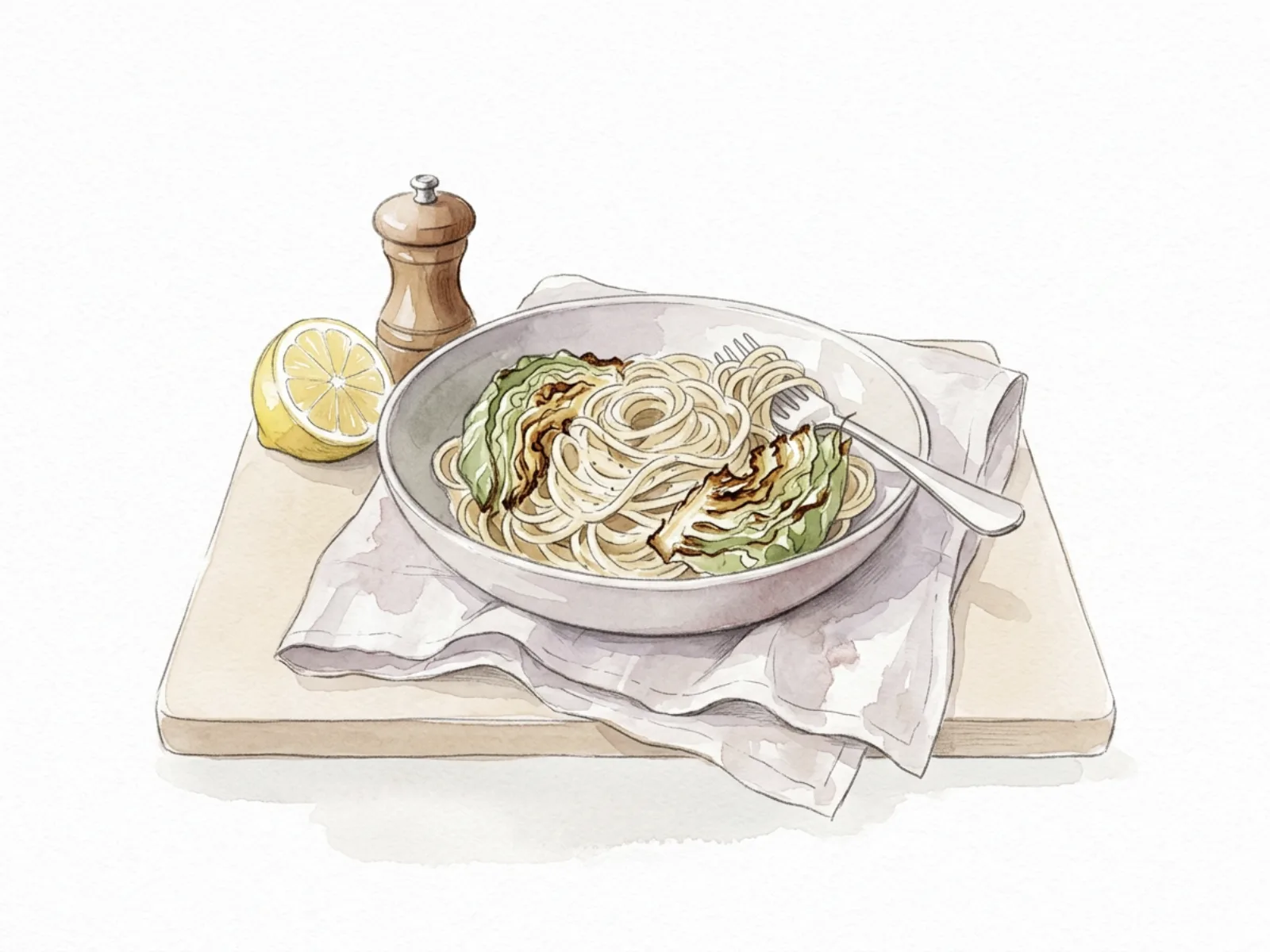 En skål krämig spagetti med rostad kål, en halv citron och en pepparkvarn