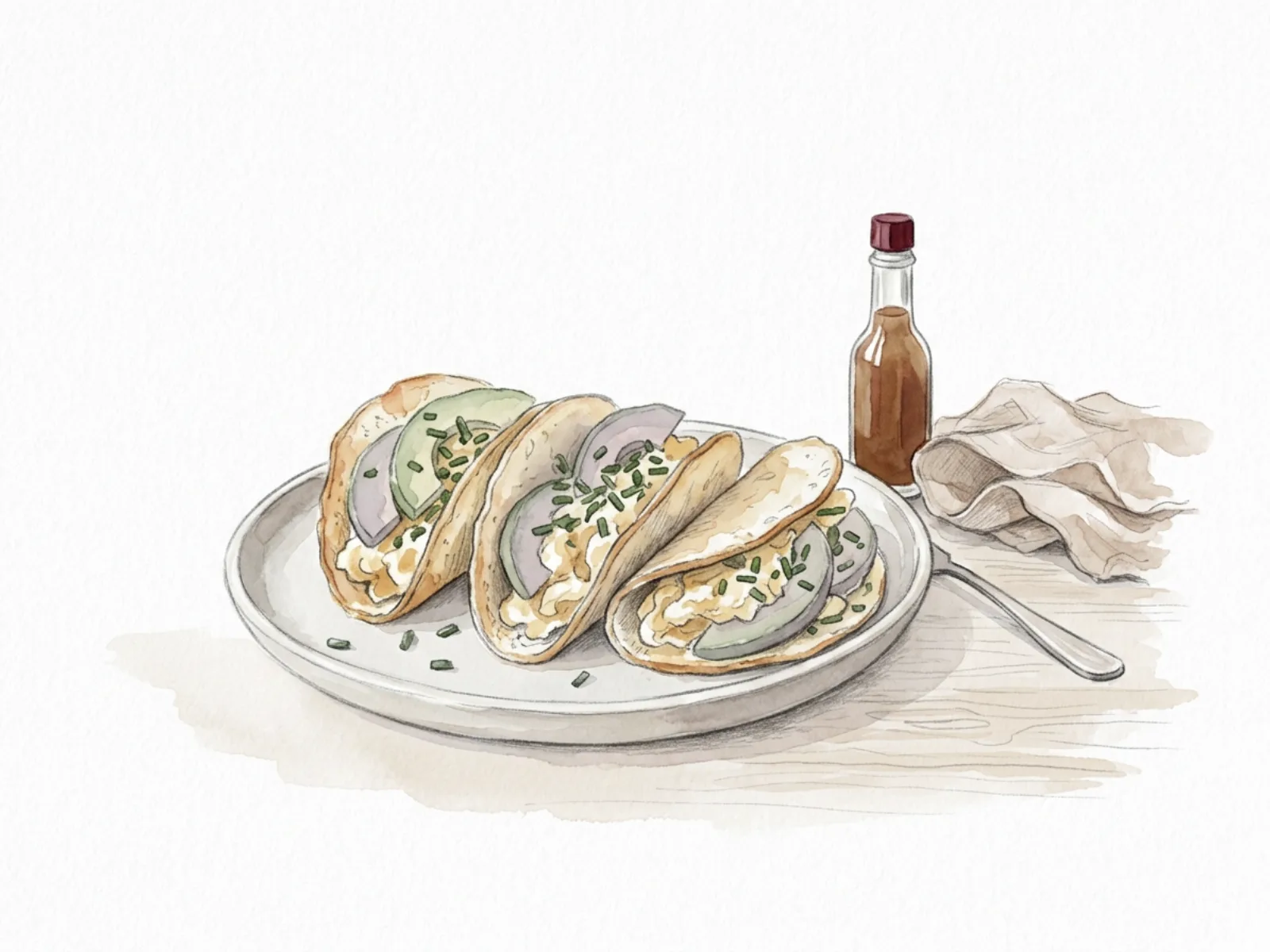 Tre tacoskal av cottage cheese fyllda med äggröra, avokado och gräslök