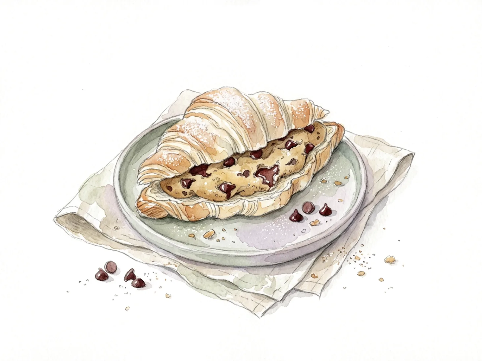 En croissant uppskuren kring en mjuk chokladkaka, pudrad med florsocker