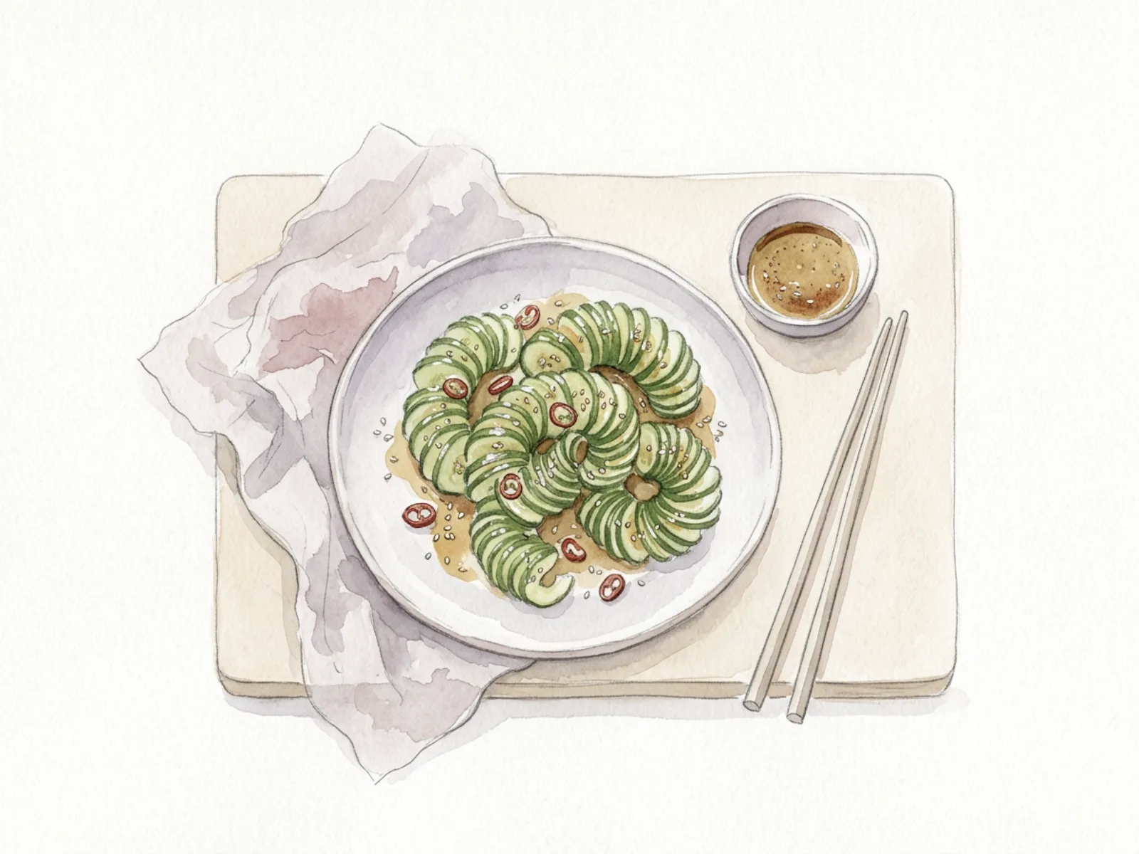 Spiralskuren gurksallad blank av sesam-, soja- och chilidressing