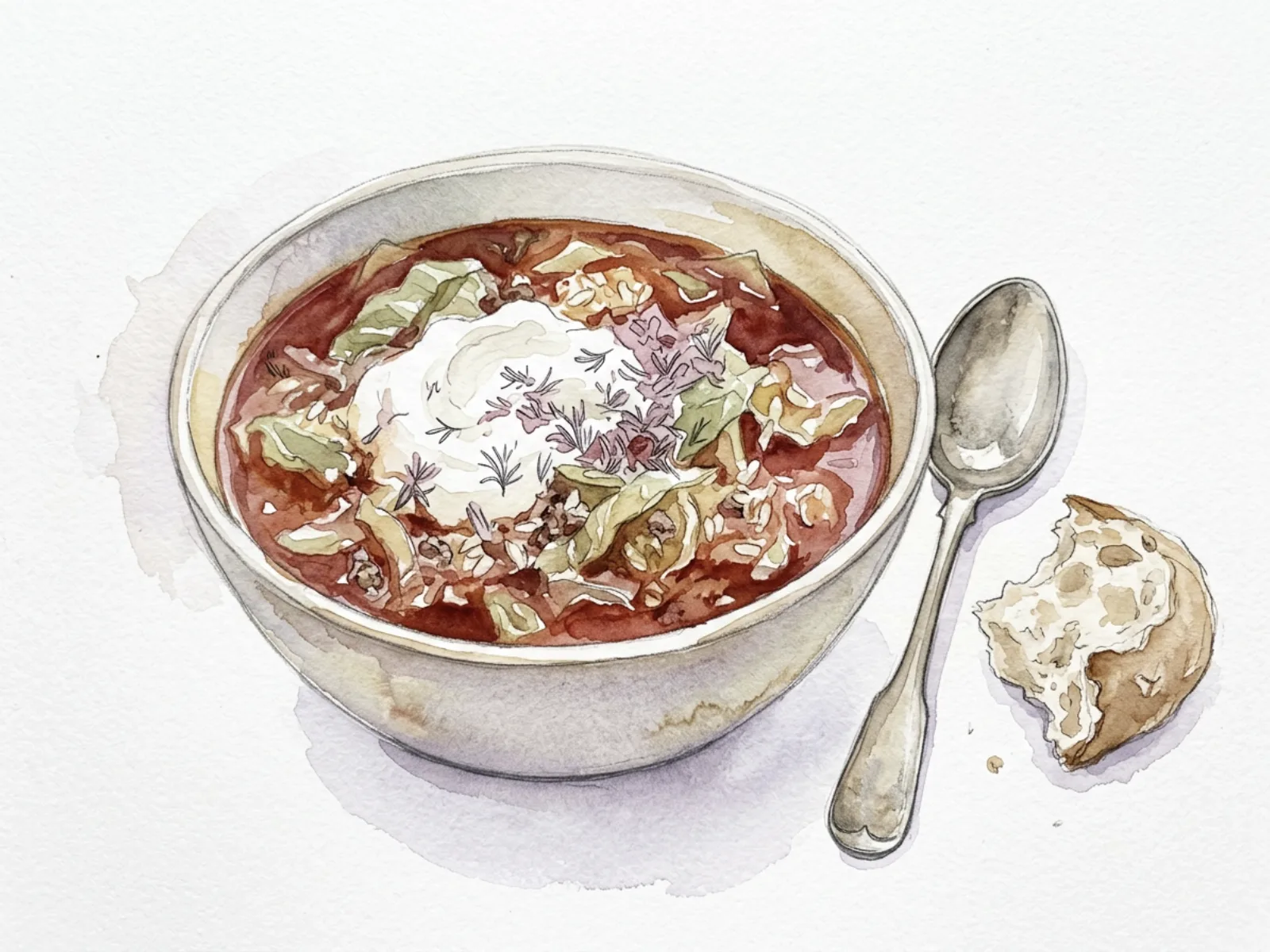 Tomatbaserad kålsoppa med nötfärs, ris, dill och en klick gräddfil