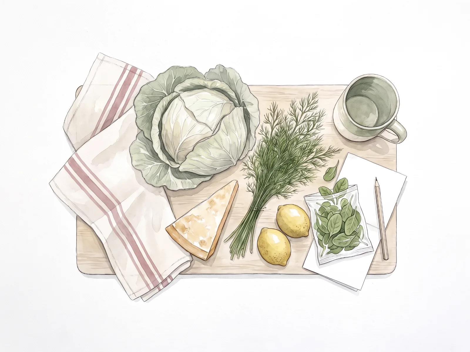 Vitkål, parmesan, dill, citroner och babyspenat på en träbricka med en randig kökshandduk, en kopp och en papperslapp med penna
