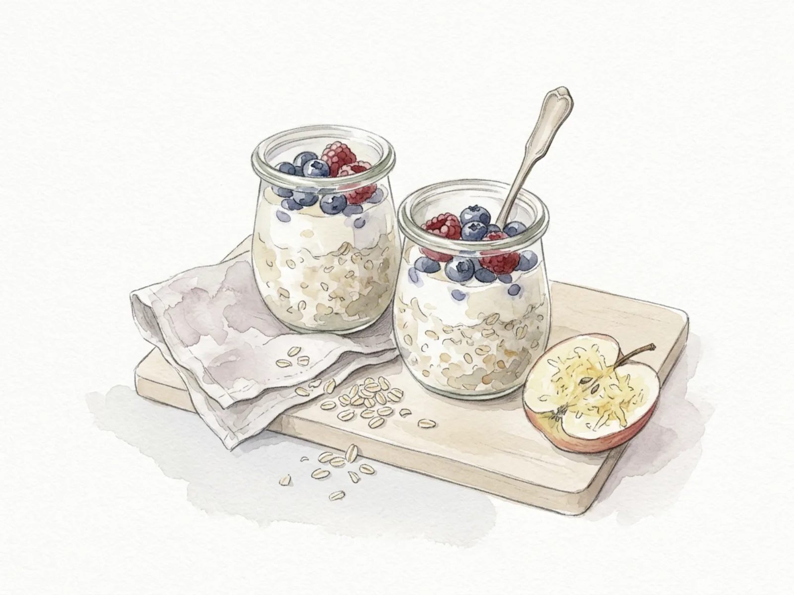Två glasburkar med overnight oats toppade med blåbär och hallon, en sked, en linneservett, lösa havregryn och ett halvt äpple på en träbricka