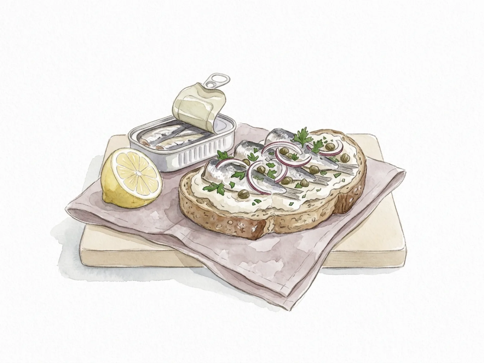 Sardiner på rostat bröd med vitbönsröra, kapris, rödlök och en halv citron