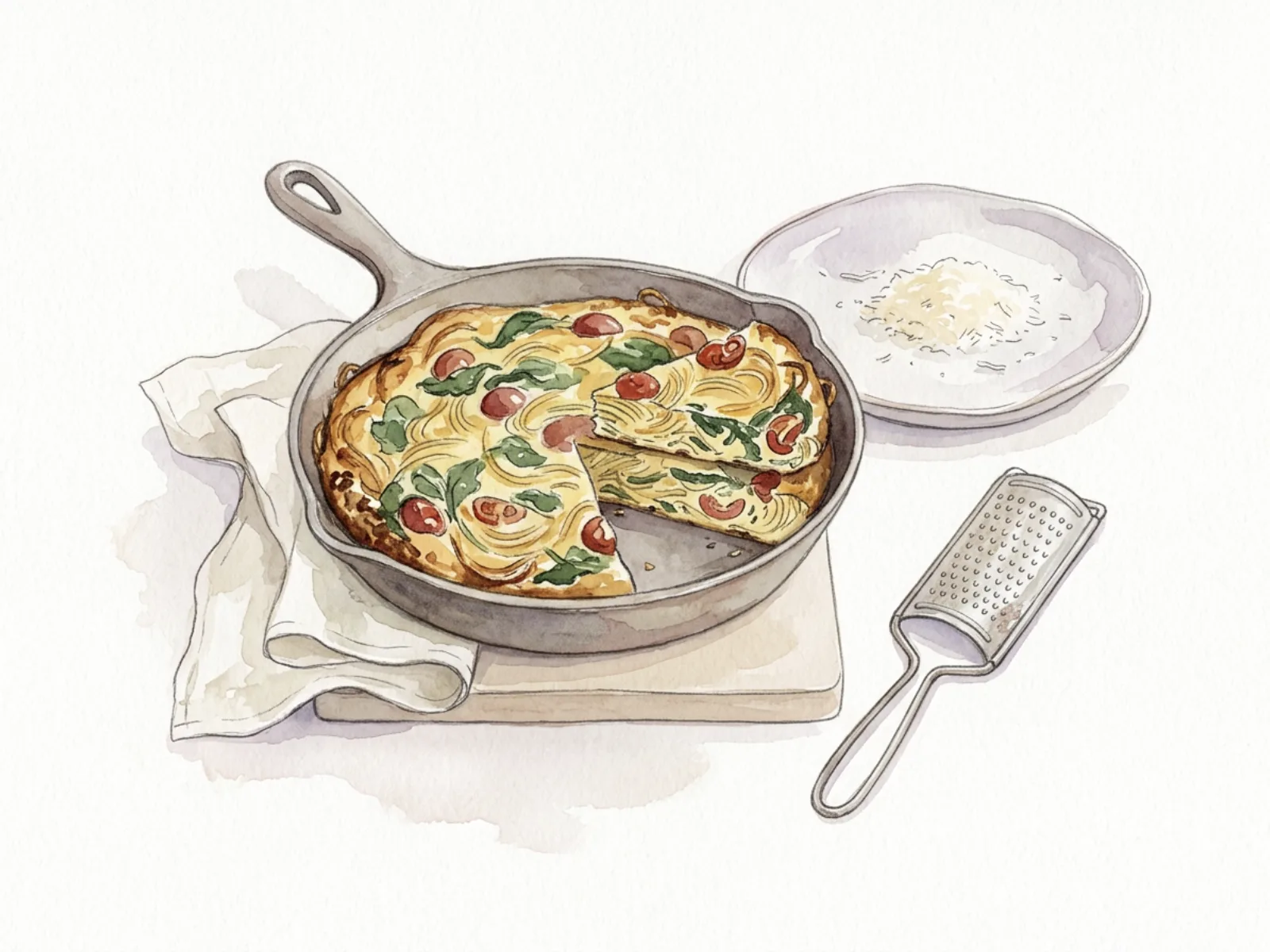 Gyllene spagettifrittata med spenat, körsbärstomater och parmesan i stekpanna