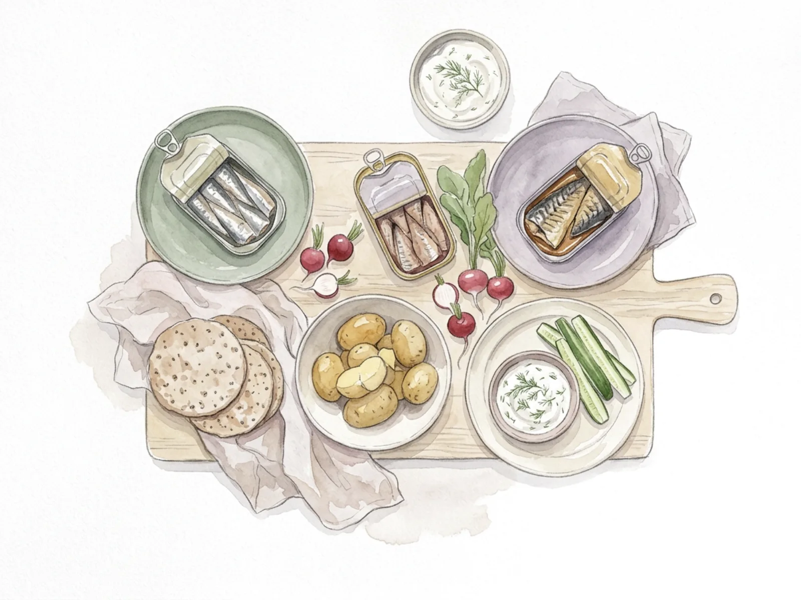 Sardiner och makrill med knäckebröd, potatis, gurka, rädisor och senapsyoghurt