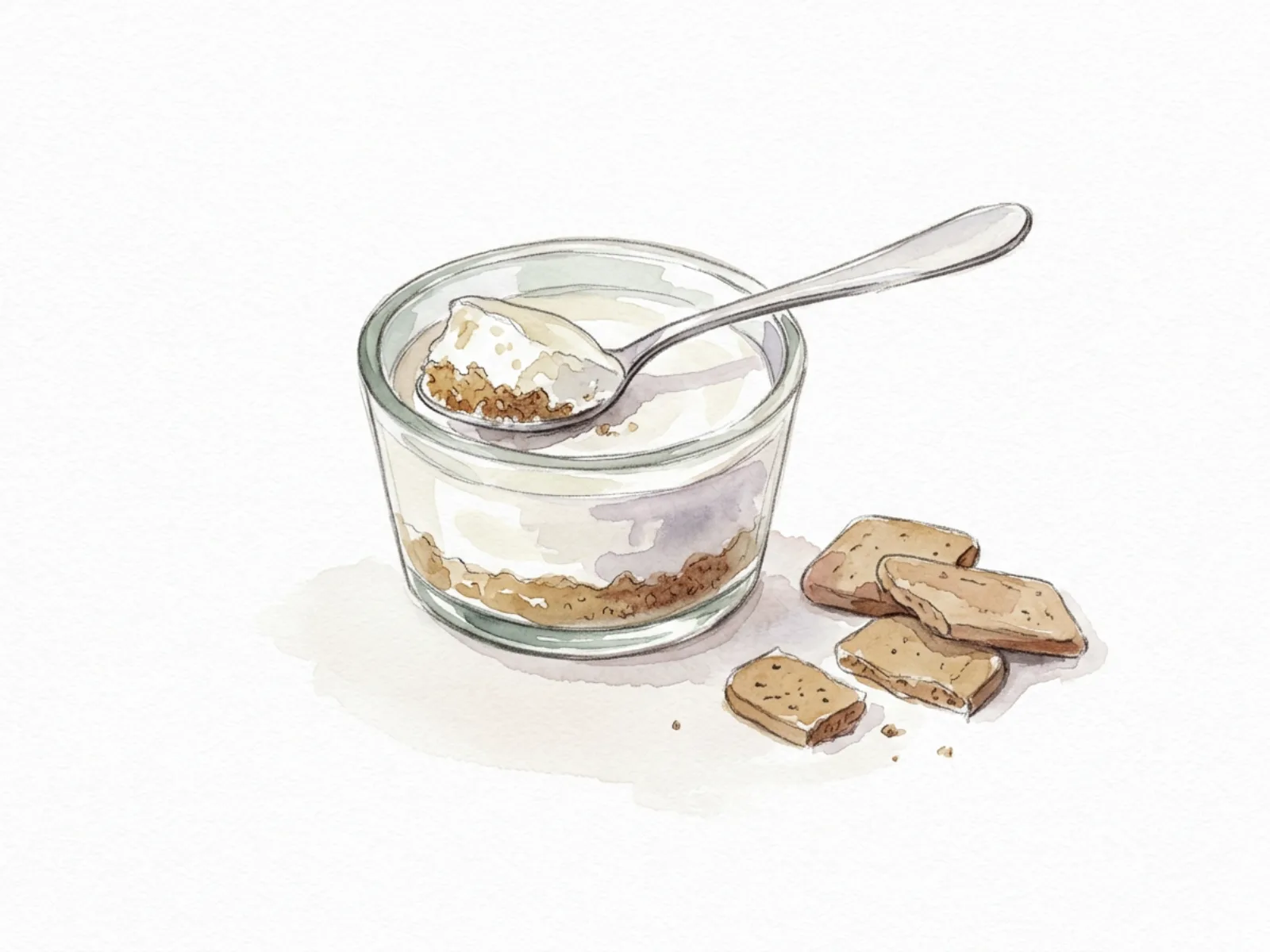 En glasskål med tjock yoghurt-cheesecake på kaksmulbotten, kryddkakor bredvid